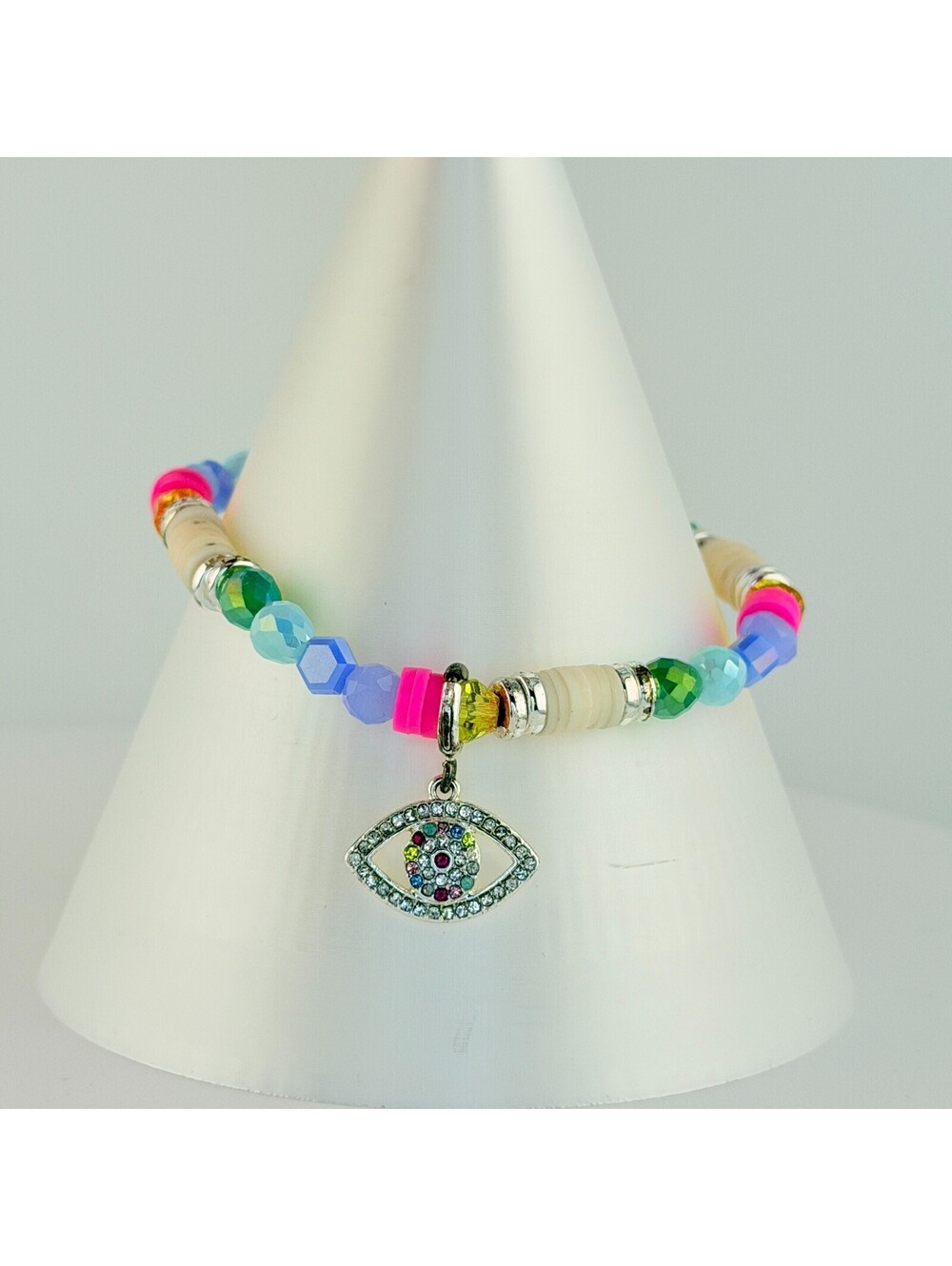 Bomb Party Bracelet - Retro Evil Eye of Protection Rainbow Stretchy on Silver